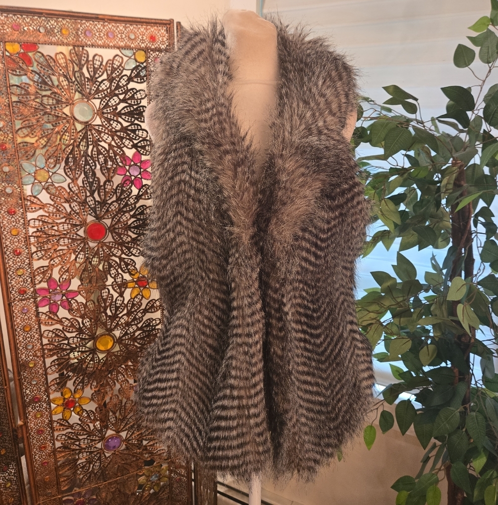 Francescas Mob Wife Faux Fur Black Gray Vest Jacket Cropped